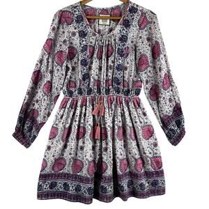 Bell by Alicia Bell Womens Boho Block Print Mini Dress M Pink Purple Tassel Tie